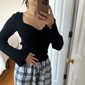 Black Ribbed Long Bell Sleeve Top